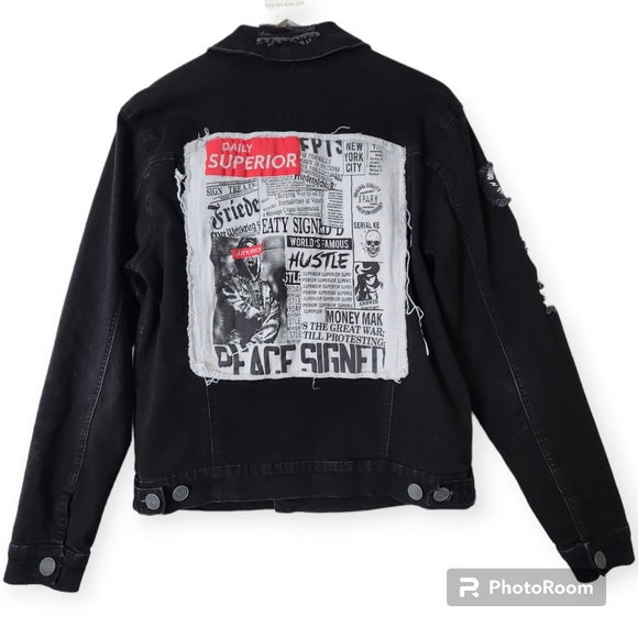 Spark Premium Black Denim Savage Distressed Jacket size Medium - Picture 2 of 11